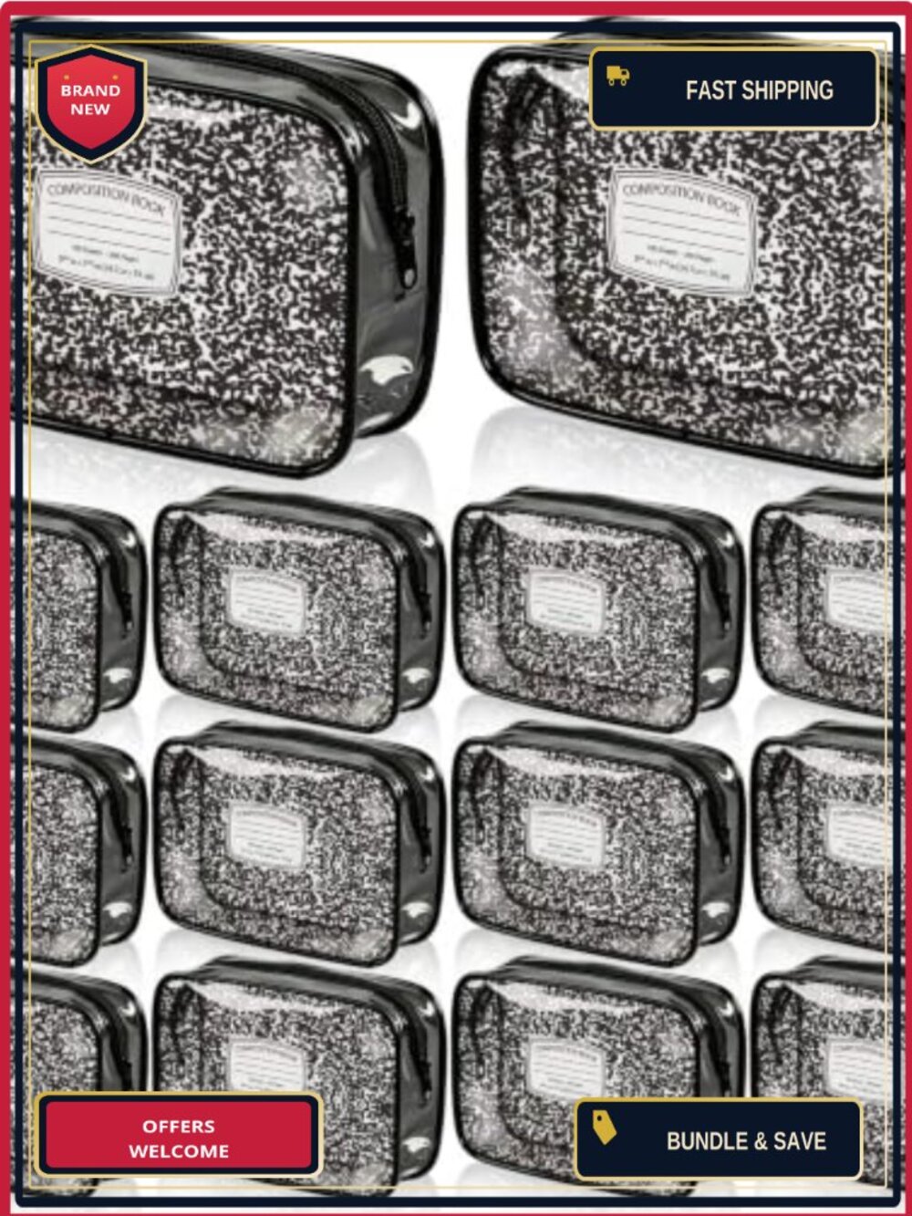 12 Pack Clear PVC Waterproof Cosmetic Bags, Composition Book Zipper Pouches,